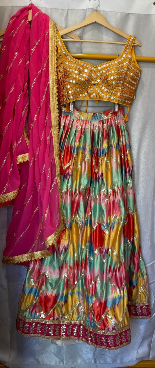 Pink yellow sequence multi work lehenga with chiffon dupatta