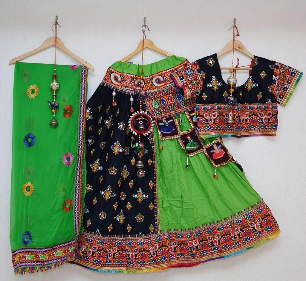 green black dolls mirror multi garba navratri lehenga