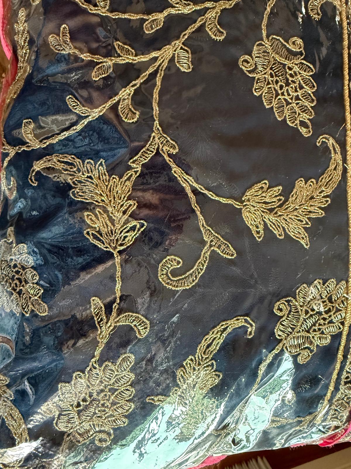Navy Blue Readymade Georgette shimmer gold embroidery with frill saree with ready blouse and petticoat
