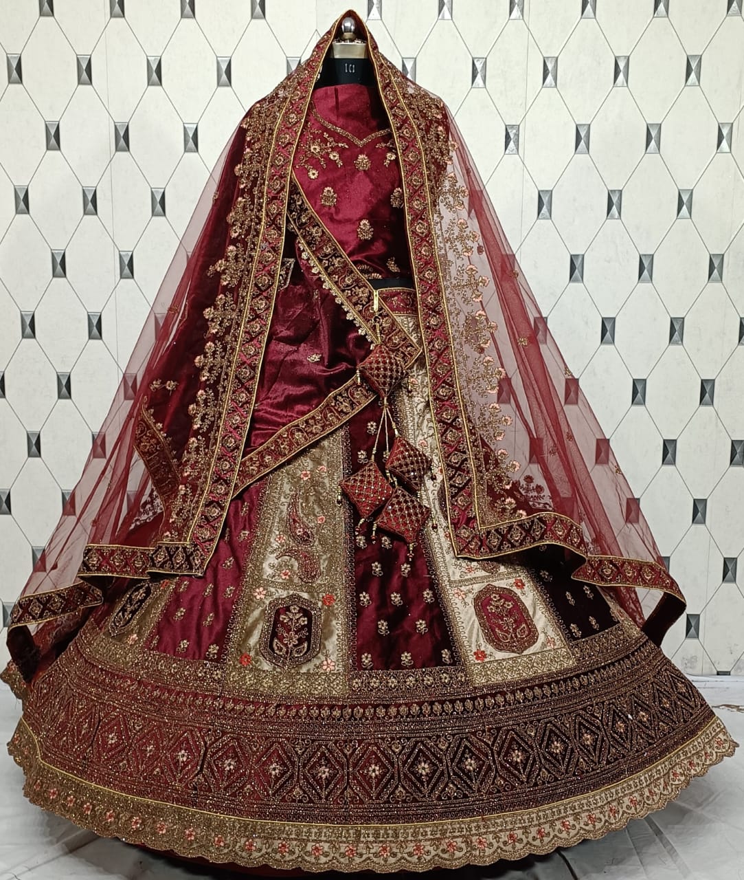 Bridal maroon cream heavy velvet lehenga with zarkan, embroidery, double dupatta, latkan