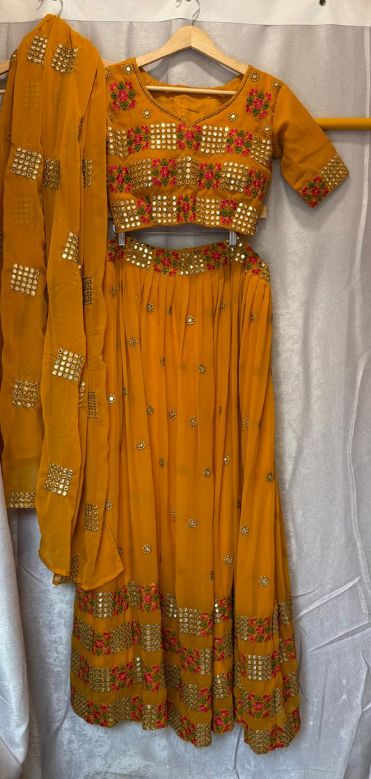 Orange mustard georgette embroidery lehenga