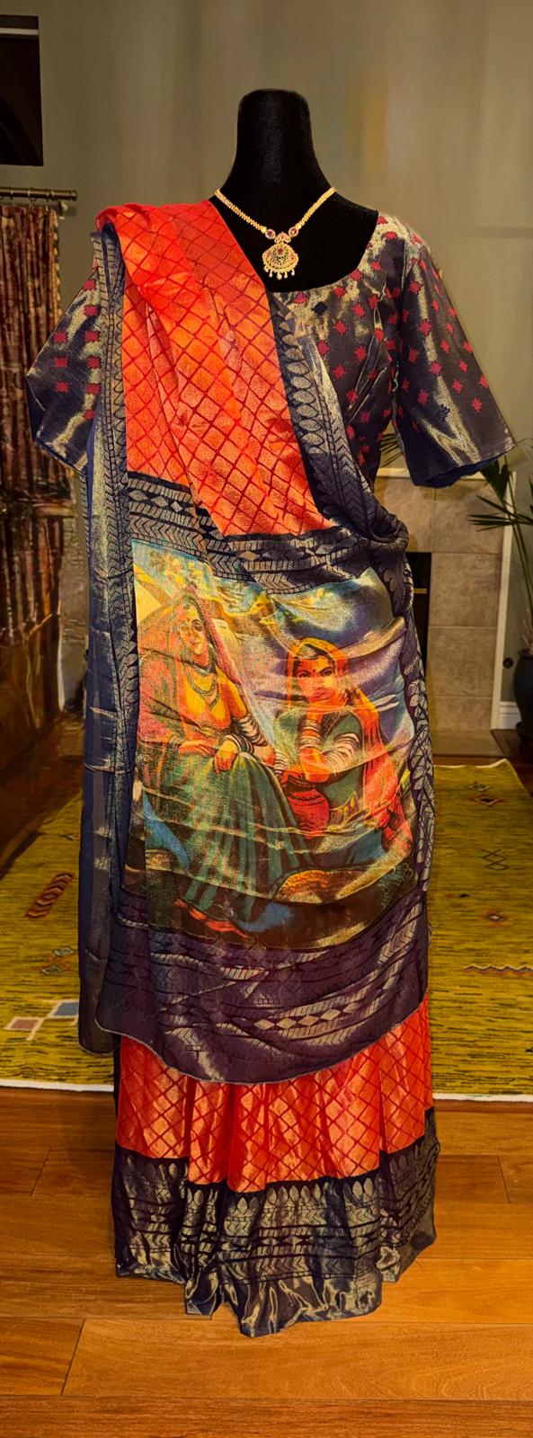 orange blue chiffon lehenga with designer dupatta