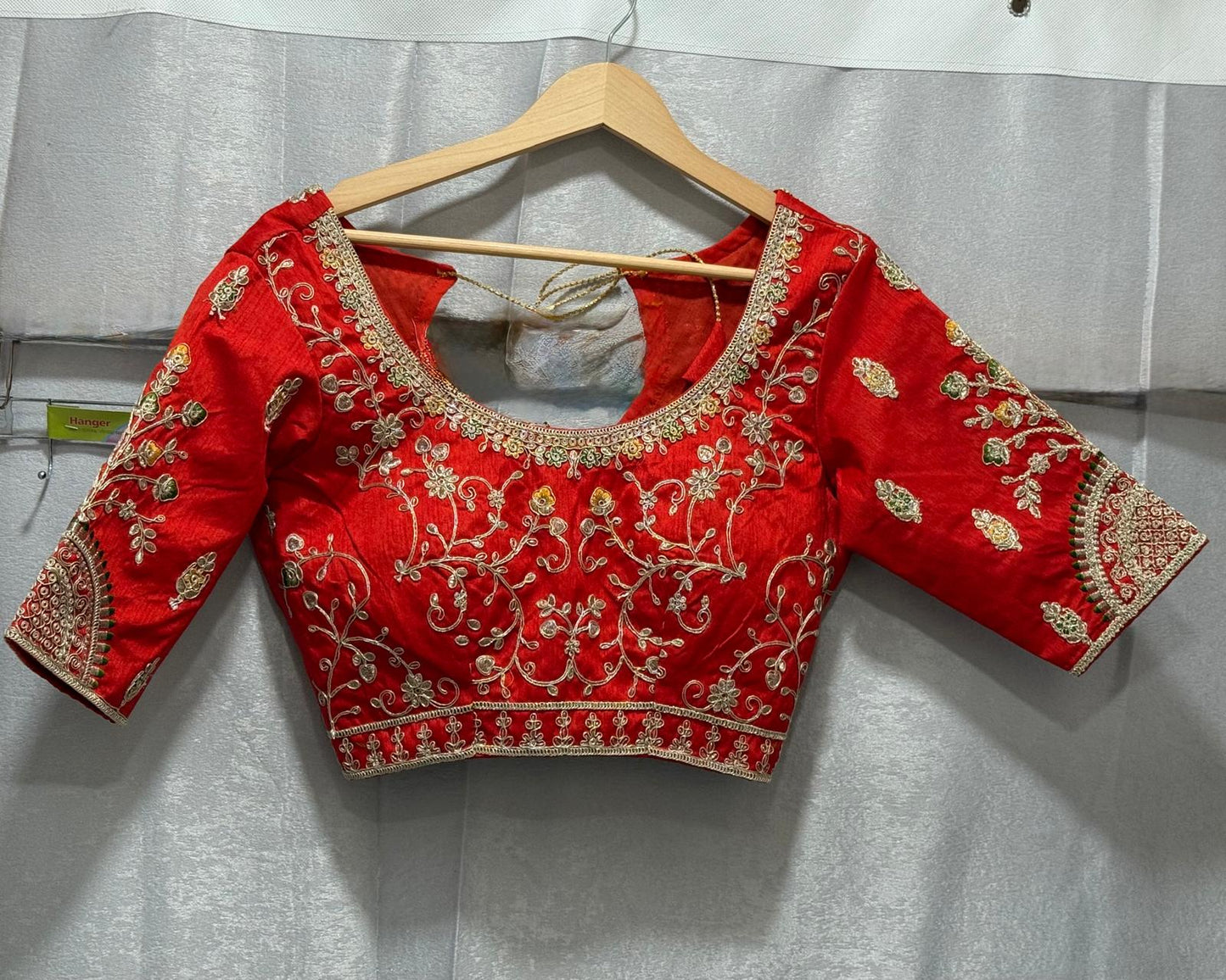 Orange red embroidery sequence silk blouse