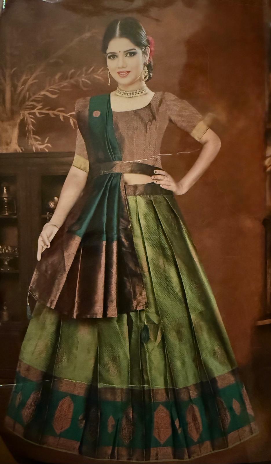 Kanchivaram banaras silk half saree parrot green lehenga with zarkan and waist belt