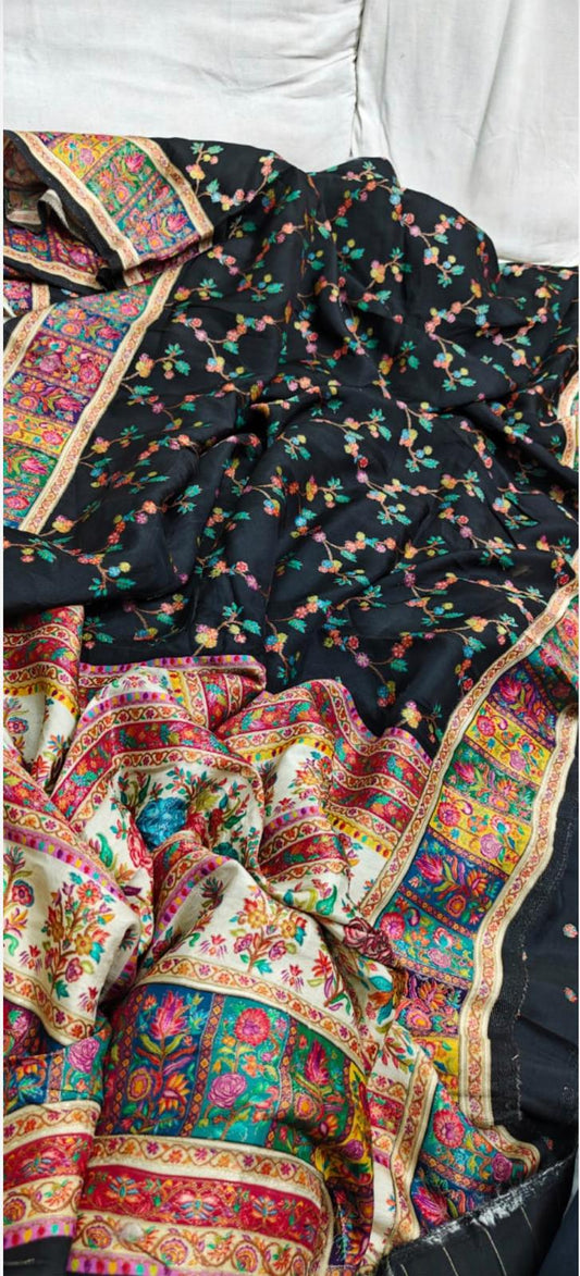 Black Pashmina weaving pure banaras saree with attached blouse piece