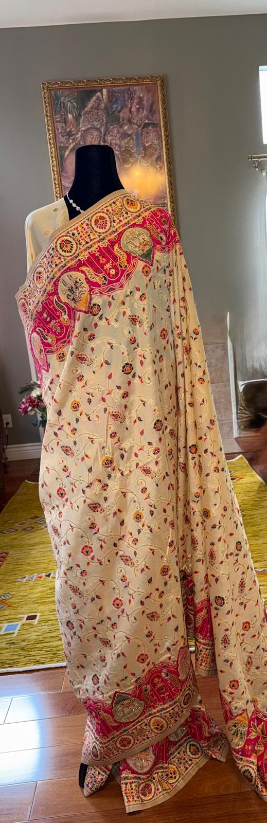 pink cream pashmina saree with embroidery and zarkan work with attached blouse piece