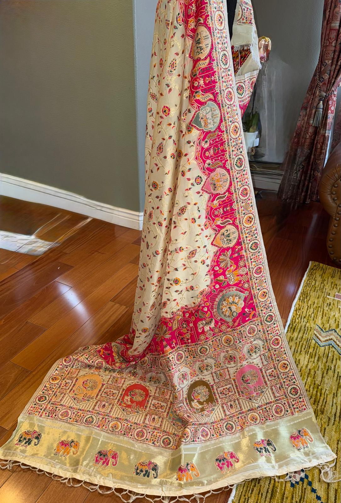 pink cream pashmina saree with embroidery and zarkan work with attached blouse piece