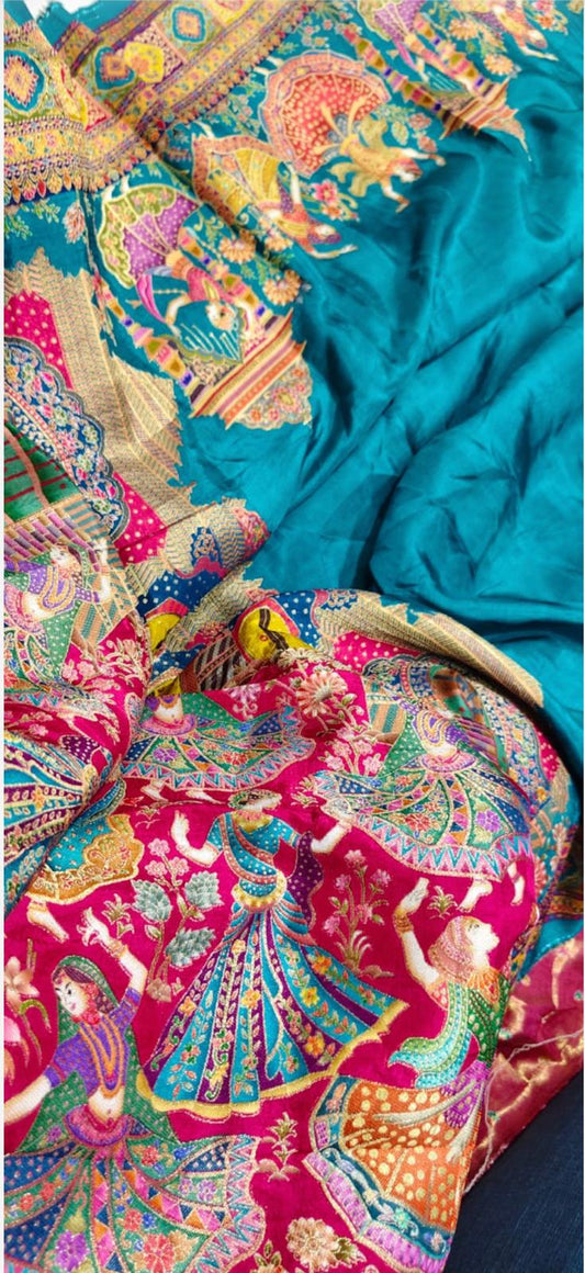 Blue Pashmina weaving pure banaras saree with attached blouse piece