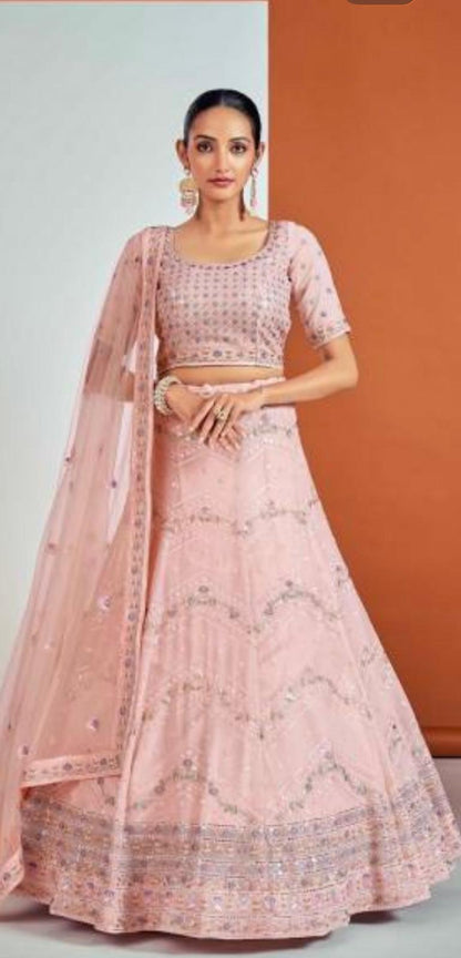 Peach georgette flower embroidery lehenga with designer blouse