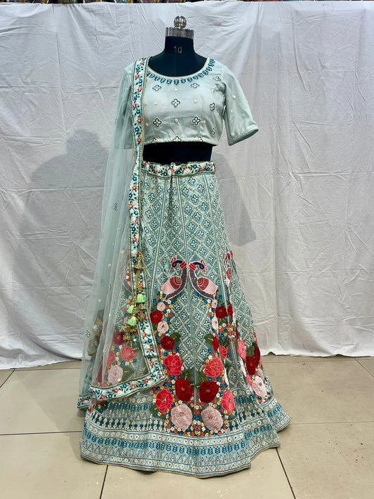 Blue peacock embroidery net mirror designer lehenga