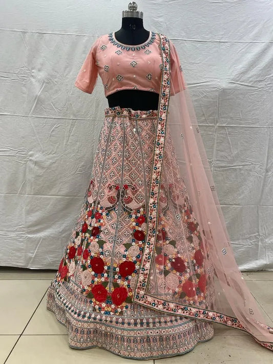 Pink peach net peacock embroidery designer lehenga