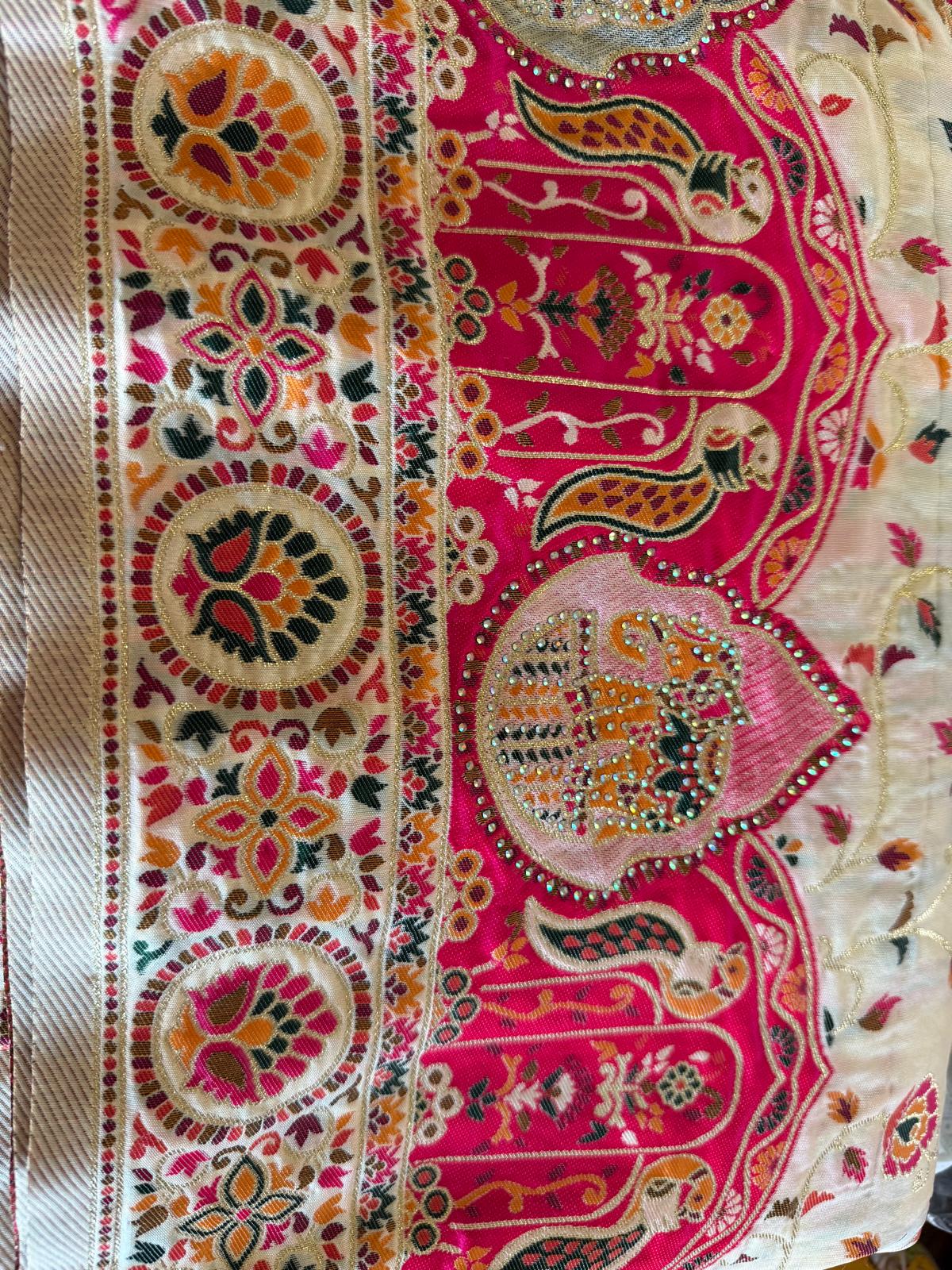 pink cream pashmina saree with embroidery and zarkan work with attached blouse piece