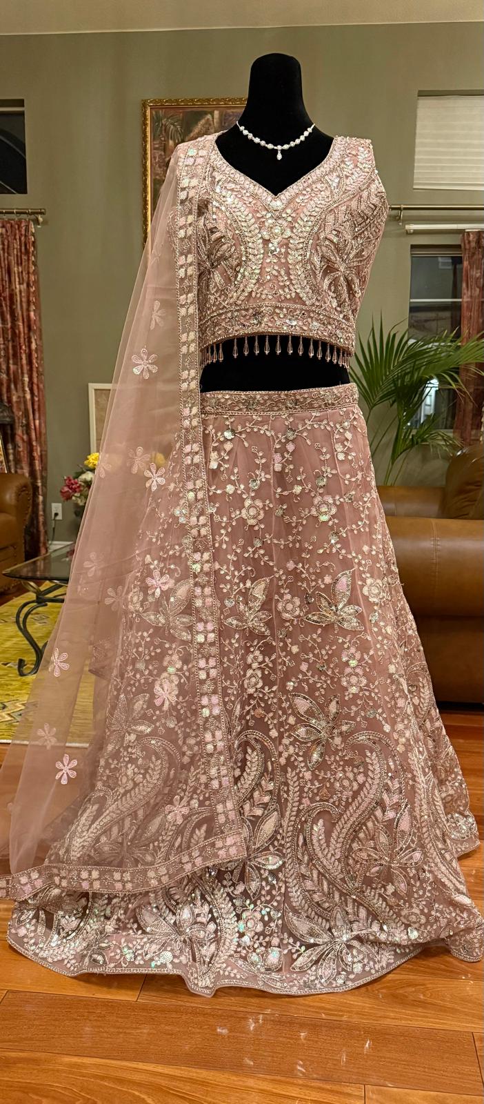 pink sequence net lehenga with designer choli