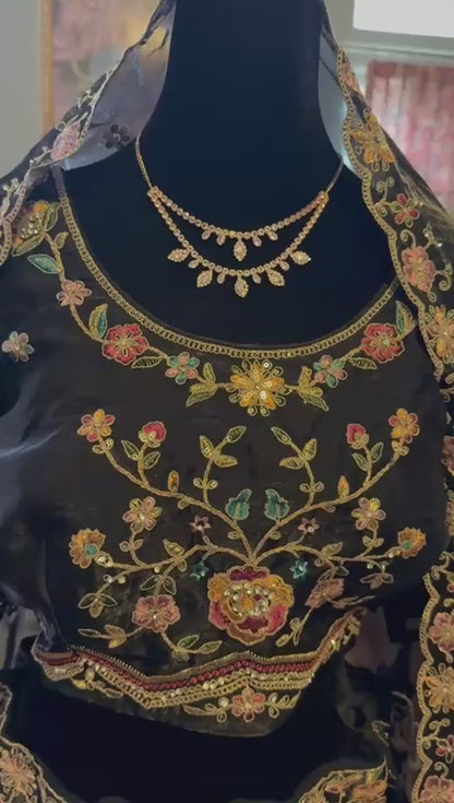 Black fendi silk embroidery stone work lehenga with peacock motiffs designer blouse