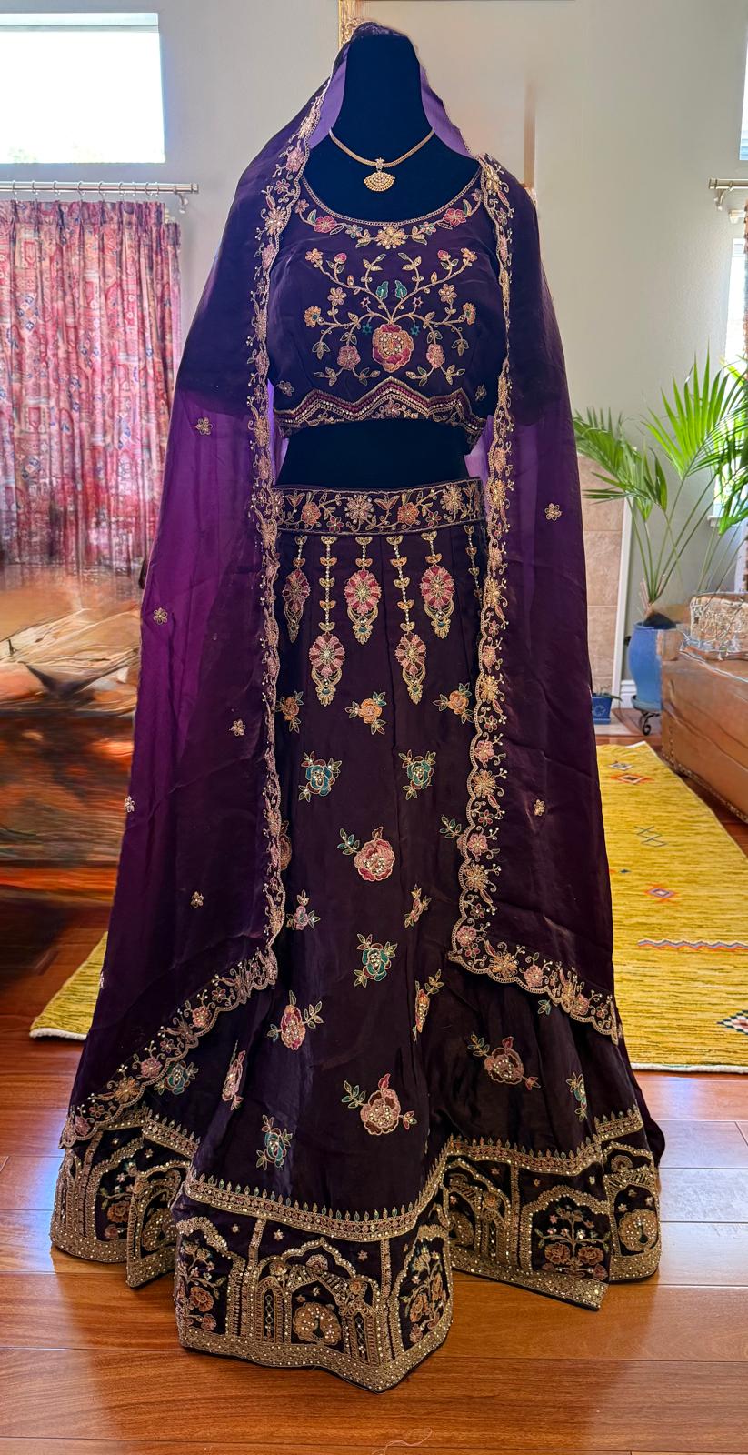 Purple fendi silk embroidery stone work lehenga with peacock motiffs designer blouse