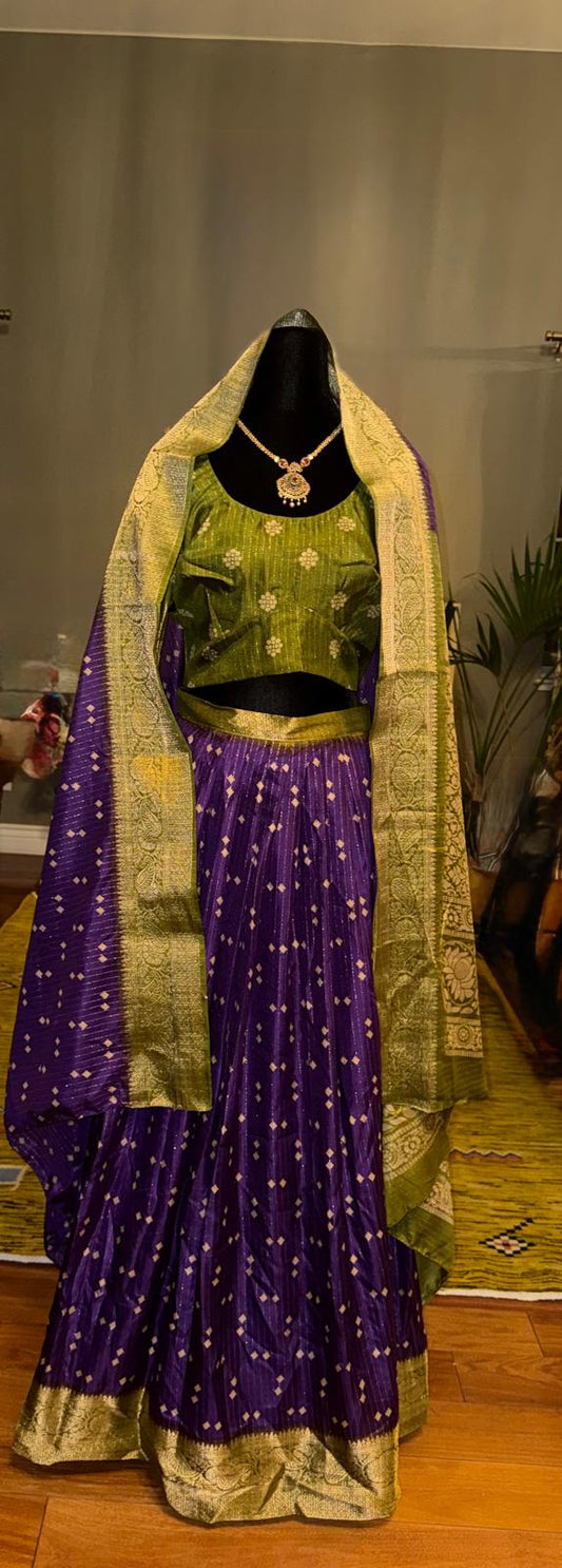 purple green silk lehenga with gold weaving