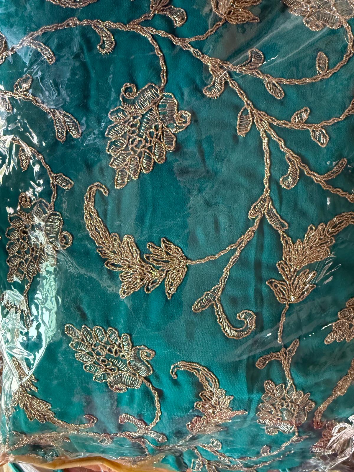 Rama Blue Readymade Georgette shimmer gold embroidery with frill saree with ready blouse and petticoat