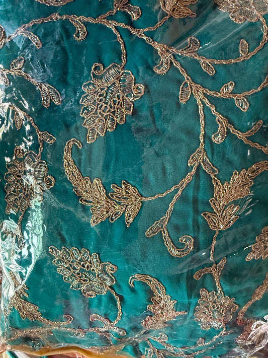 Rama Blue Readymade Georgette shimmer gold embroidery with frill saree with ready blouse and petticoat