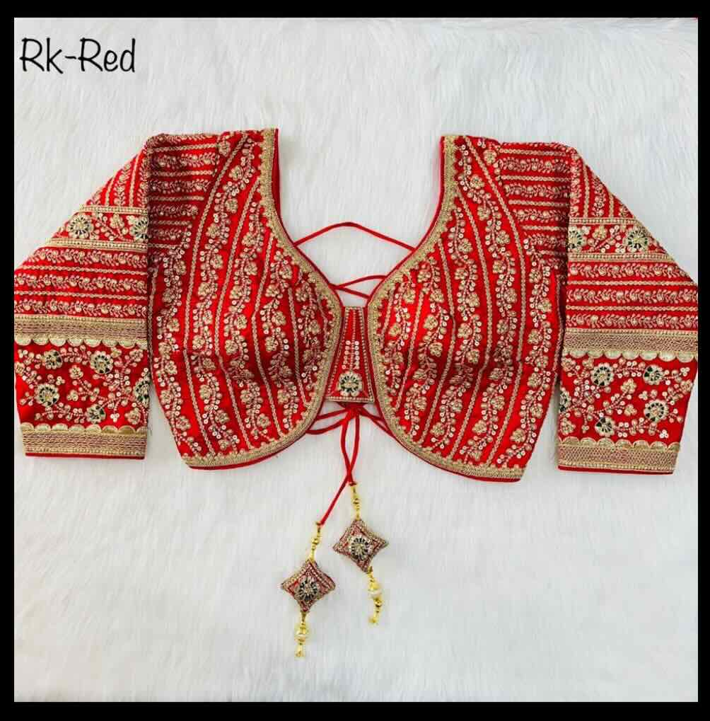 red full sleeve blouse with heavy gold embroidery work