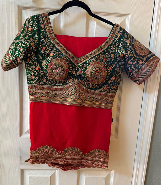 Red Green fendi silk saree with designer ready blouse