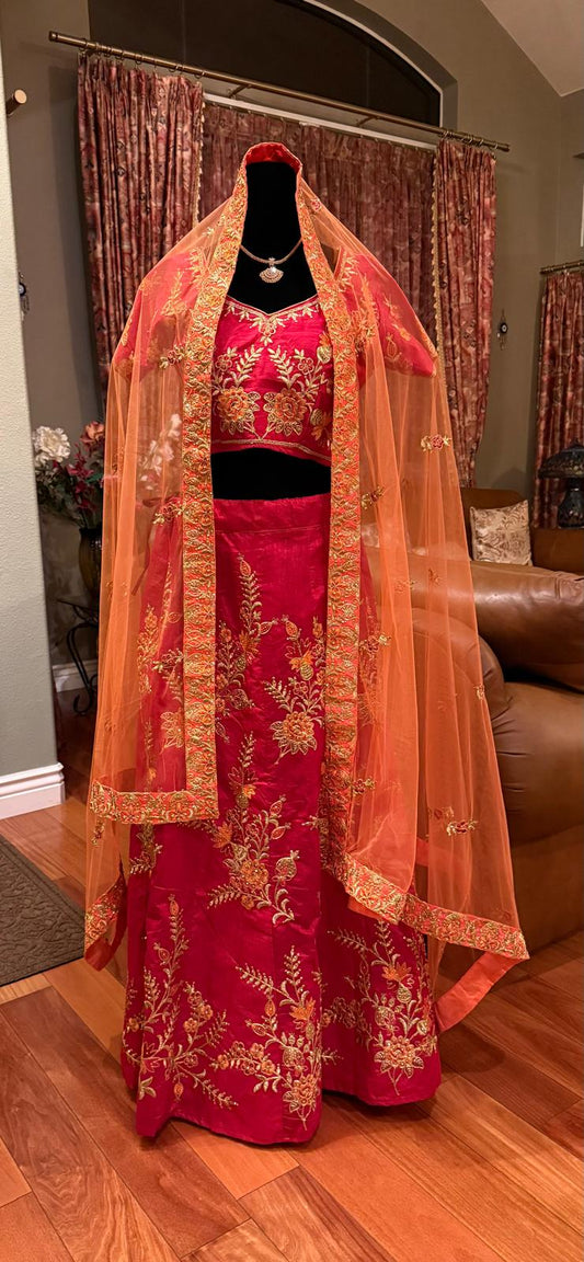 red orange flower embroidery zarkan lehenga