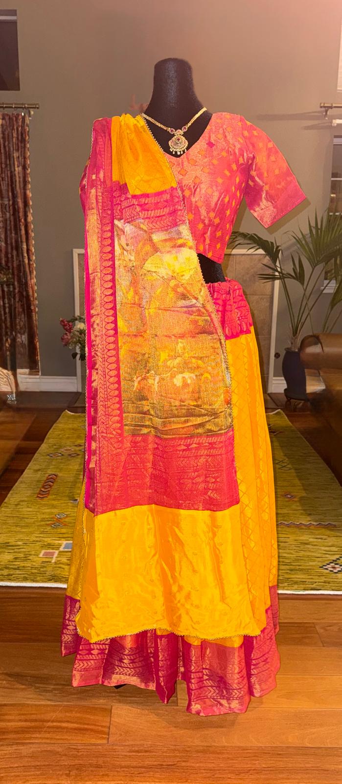 yellow red chiffon lehenga with designer dupatta