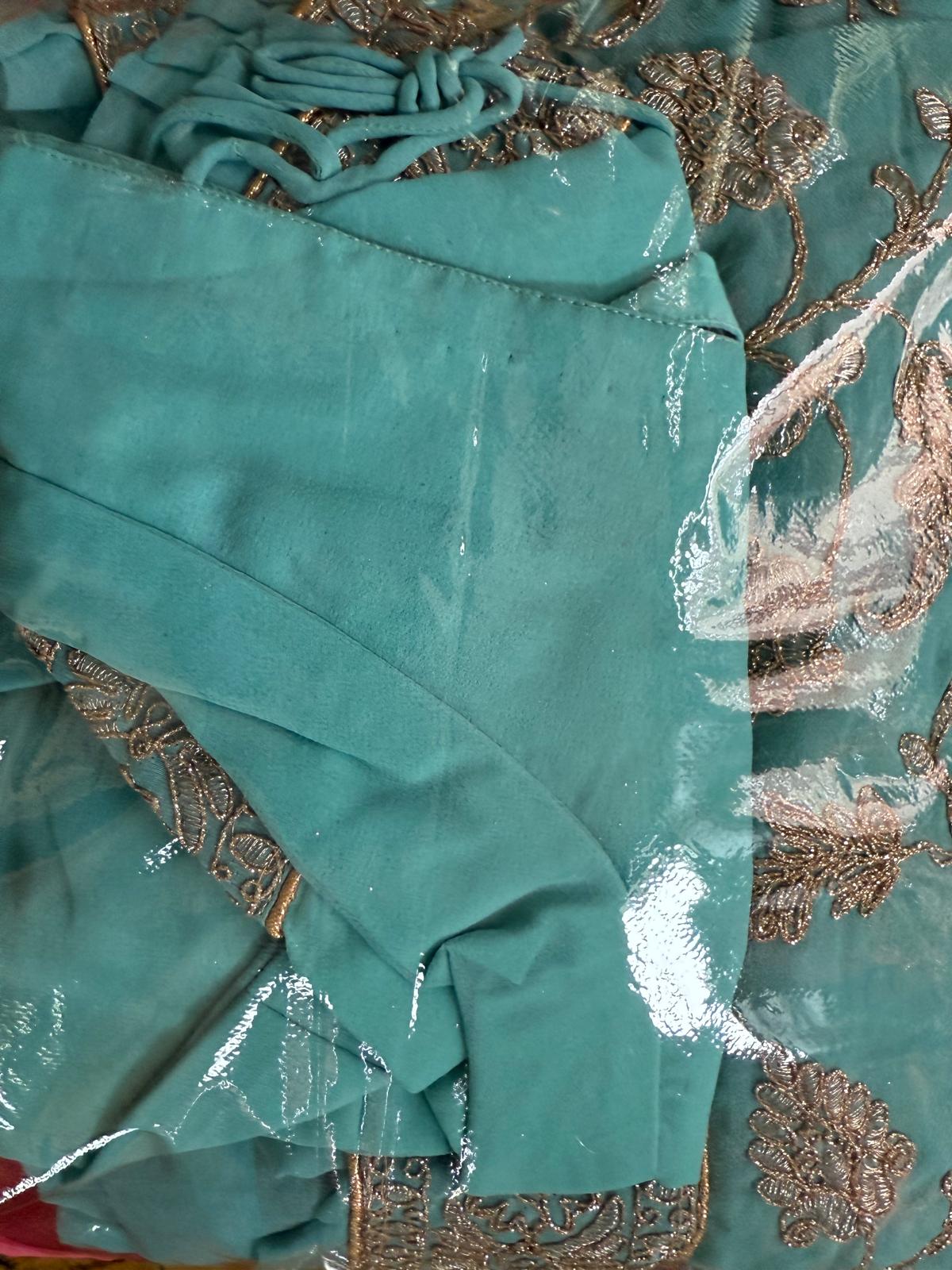Sky Blue Readymade Georgette shimmer gold embroidery with frill saree with ready blouse and petticoat