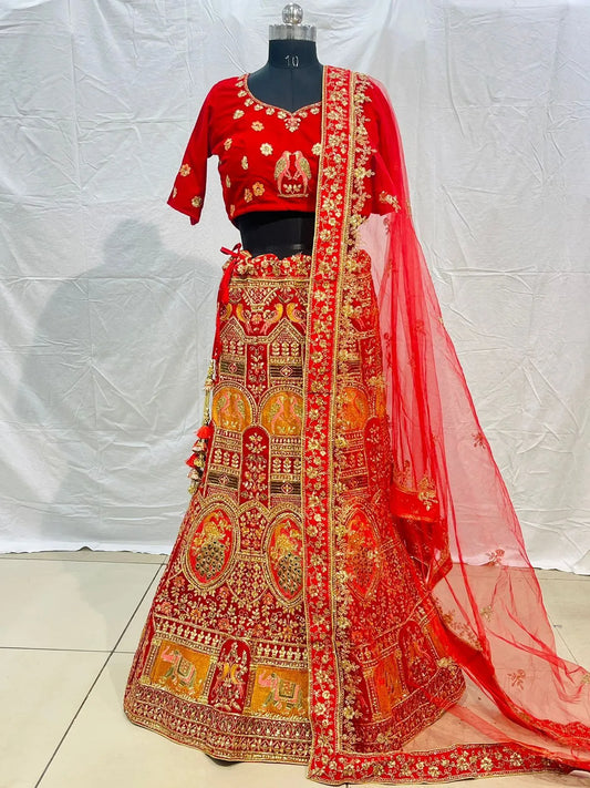 Red velvet embriodery zarkan heavy lehenga