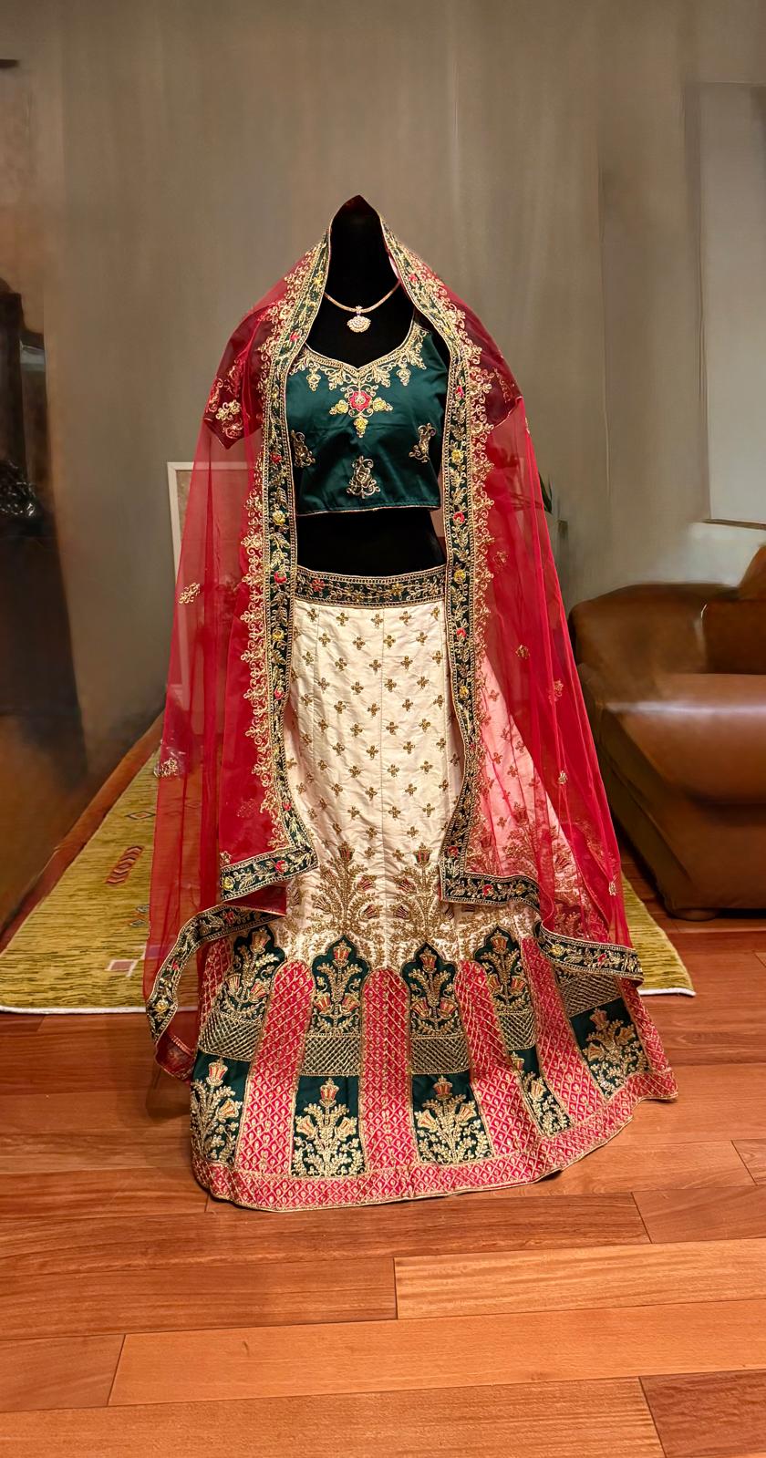 red green white zarkan malay silk embroidery lehenga