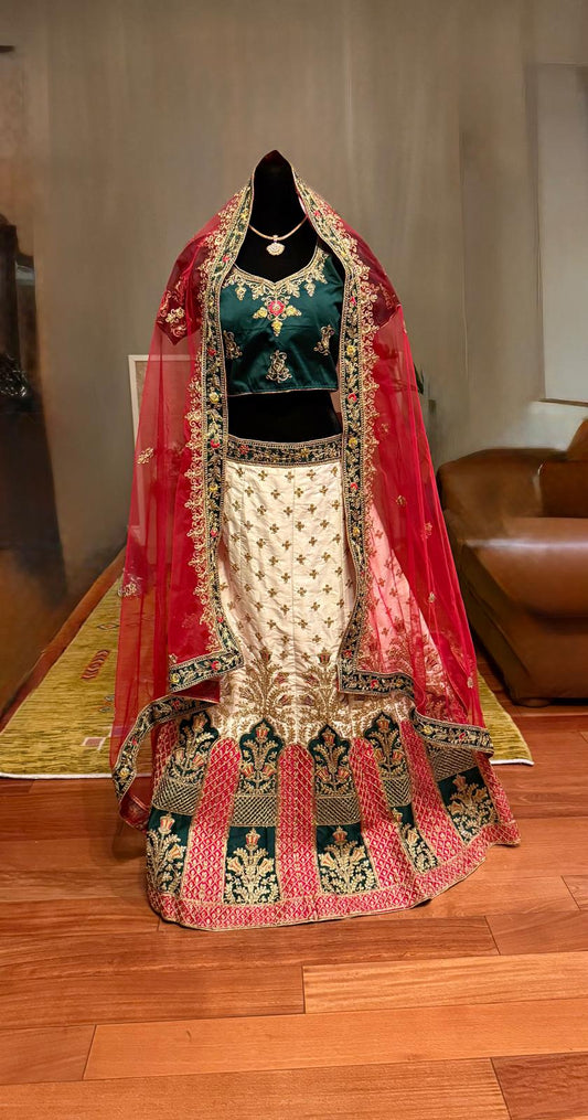 red green white zarkan malay silk embroidery lehenga