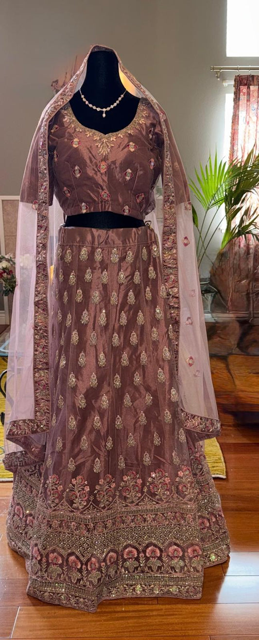 Brown wine net zarkan heavy flower embroidery lehenga