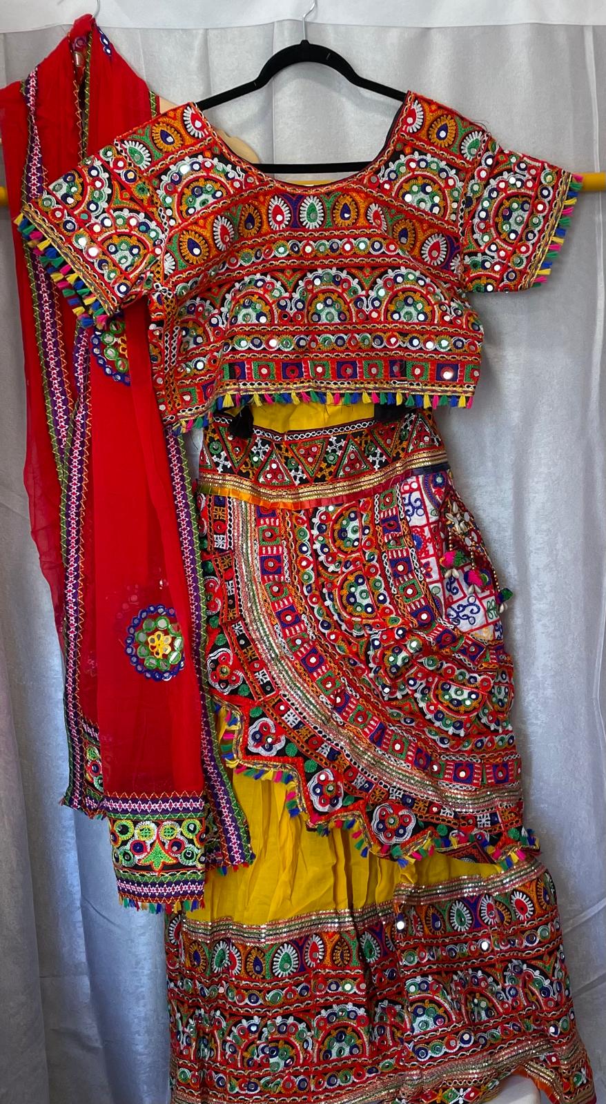 red yellow mirror multi garba navratri lehenga