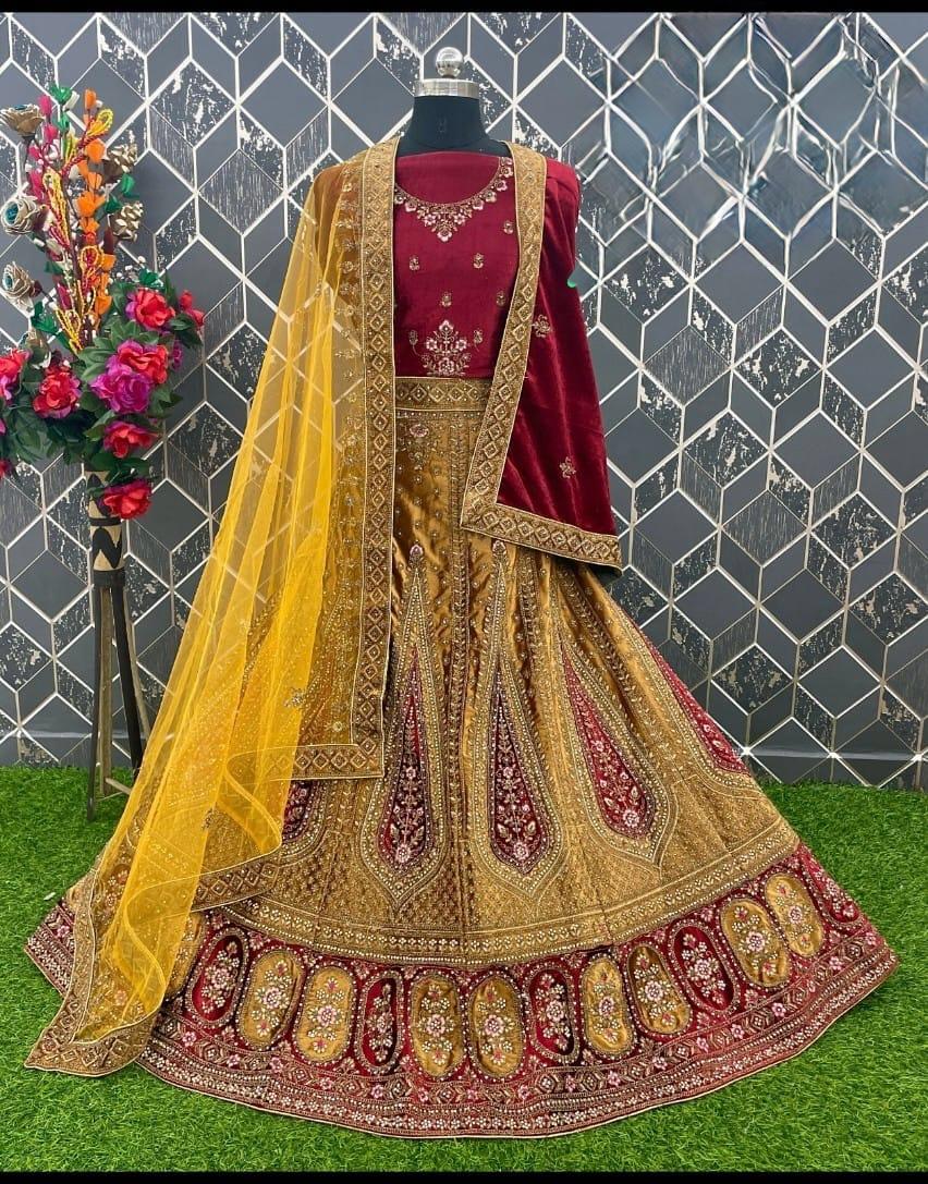 Bridal yellow red heavy velvet lehenga with zarkan, embroidery, double dupatta, latkan